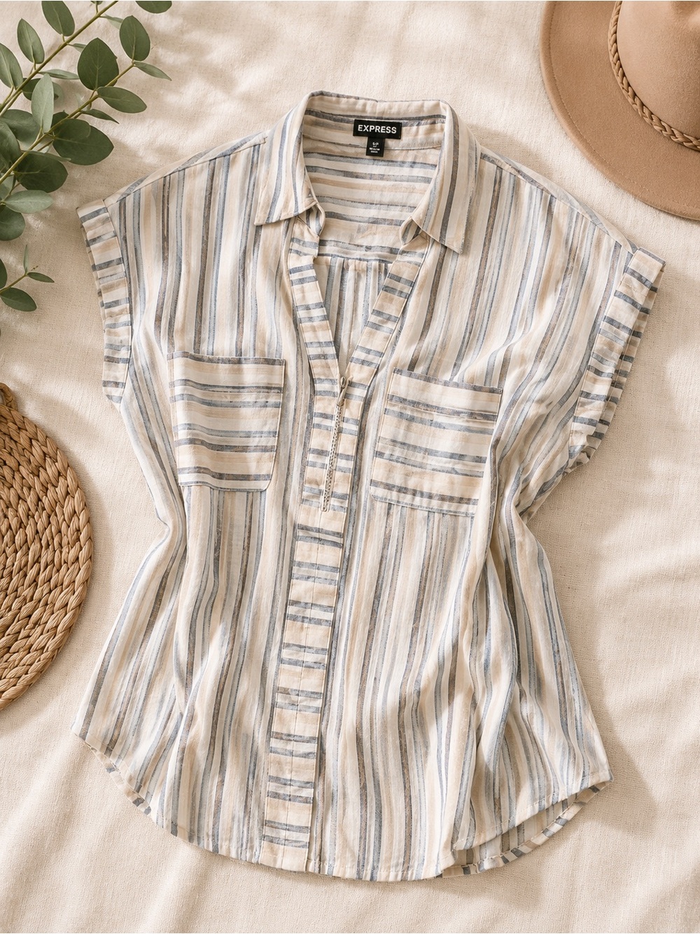 Express Striped Short-Sleeve Button Front Blouse in Beige and Blue